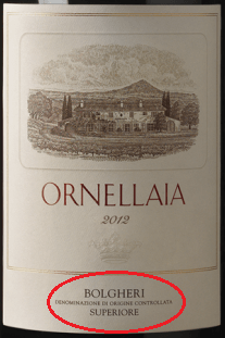 L'etichetta di Ornellaia che riporta la denominazione protetta